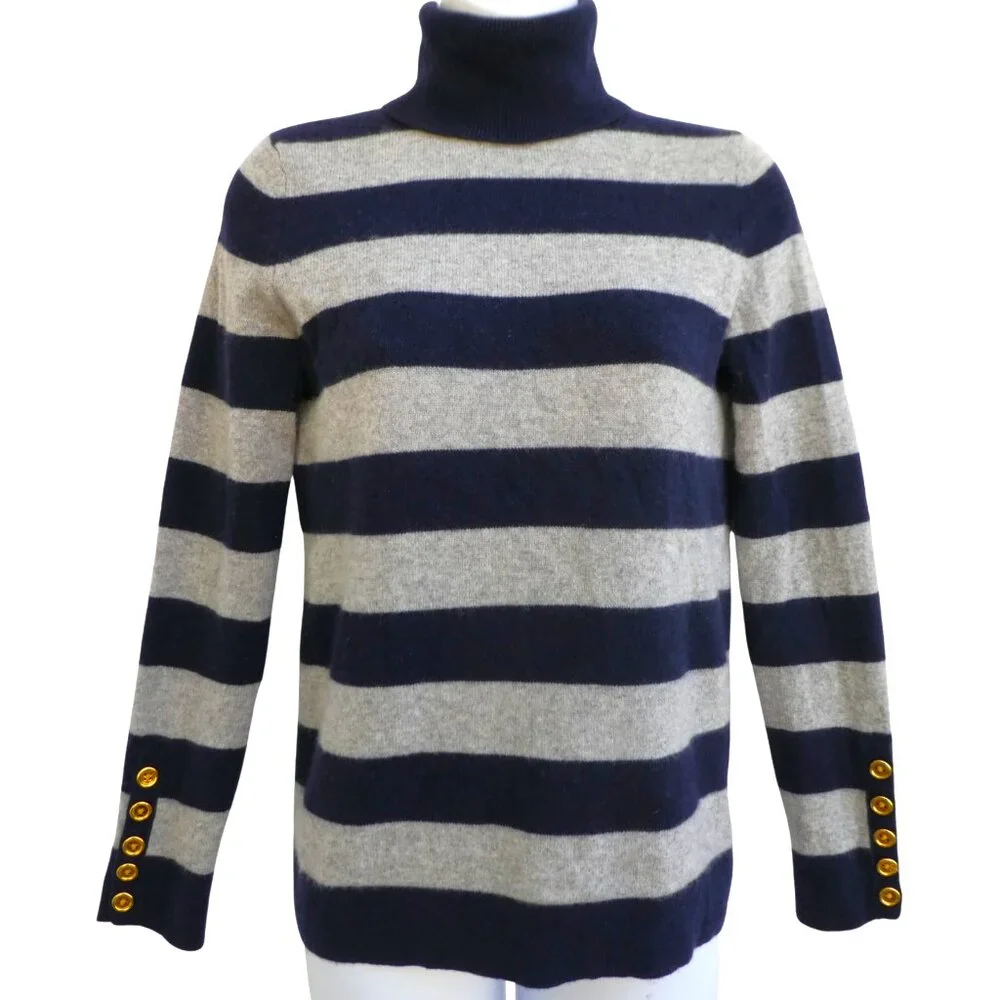 Cashmere by Bloomingdales Navy Gray Turtleneck Sweater Striped Gold Button Cuffs